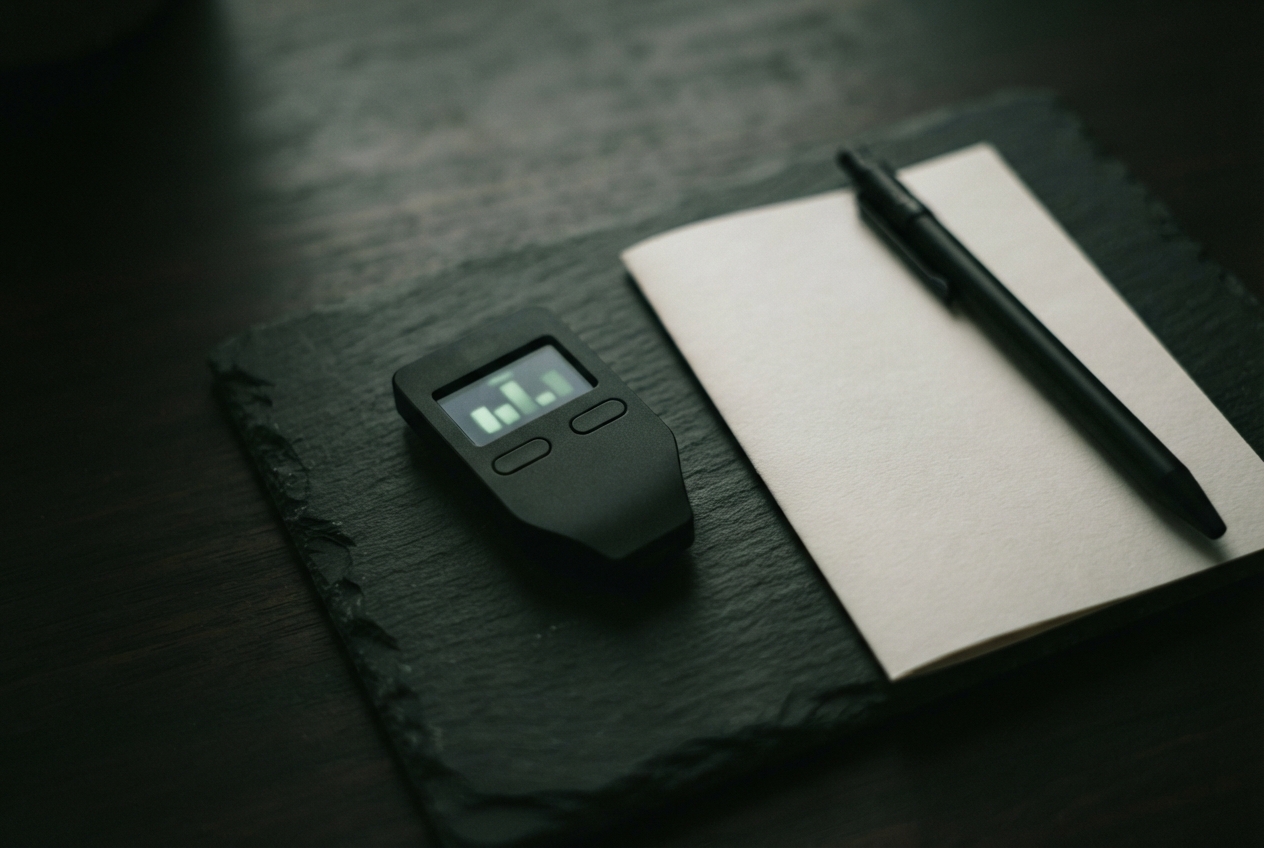 Black electronic device with green bar display beside a blank notepad and pen on a dark slate board.